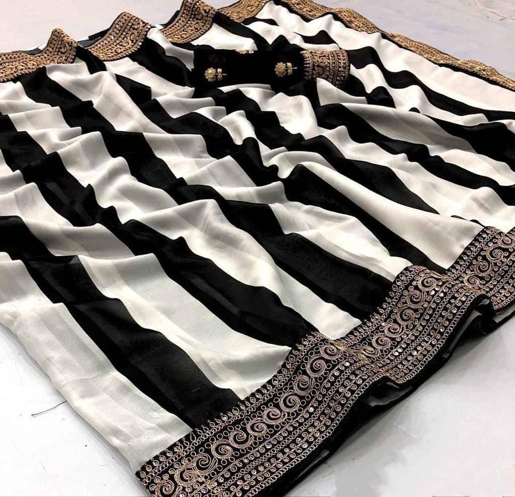 Black White Georgette Saree with Embroidered Border for Bridal Wedding Pooja Ethnic Traditional Wear Lightweight Bollywood Saree for Women