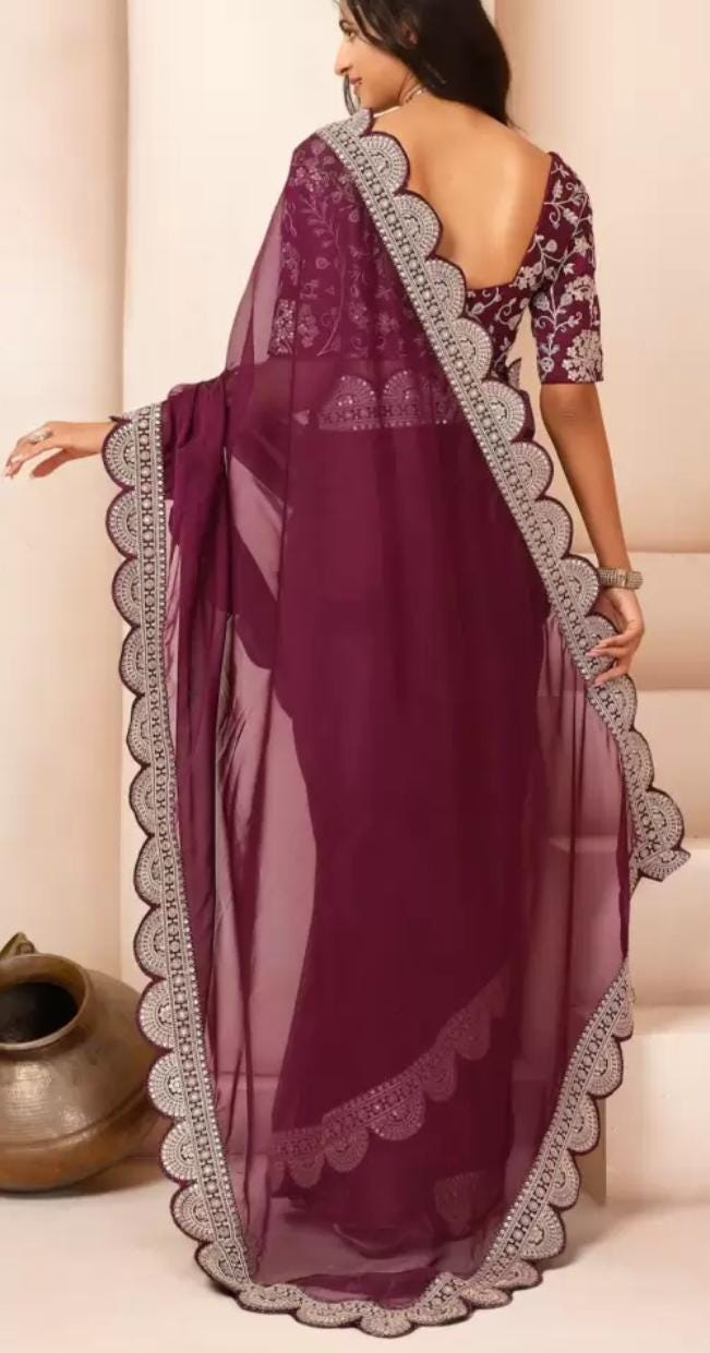 Mauve Gold Toned Floral Embroidered Sequinned Organza Saree with FREE Matching Petticoat Elegant Party Wear Traditional Ethnic Saree