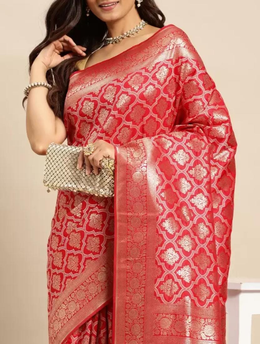 Red Ethnic Motifs Zari Pure Silk Kanjeevaram Saree with FREE Matching Petticoat Elegant Bridal Saree Ideal for Weddings Indian Celebrations