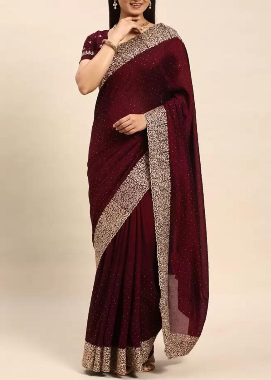 Poly Silk Magenta Maroon Silver Toned Embellished Embroidered Saree with Woven Design Border Perfect for Weddings Parties Festive Occasions