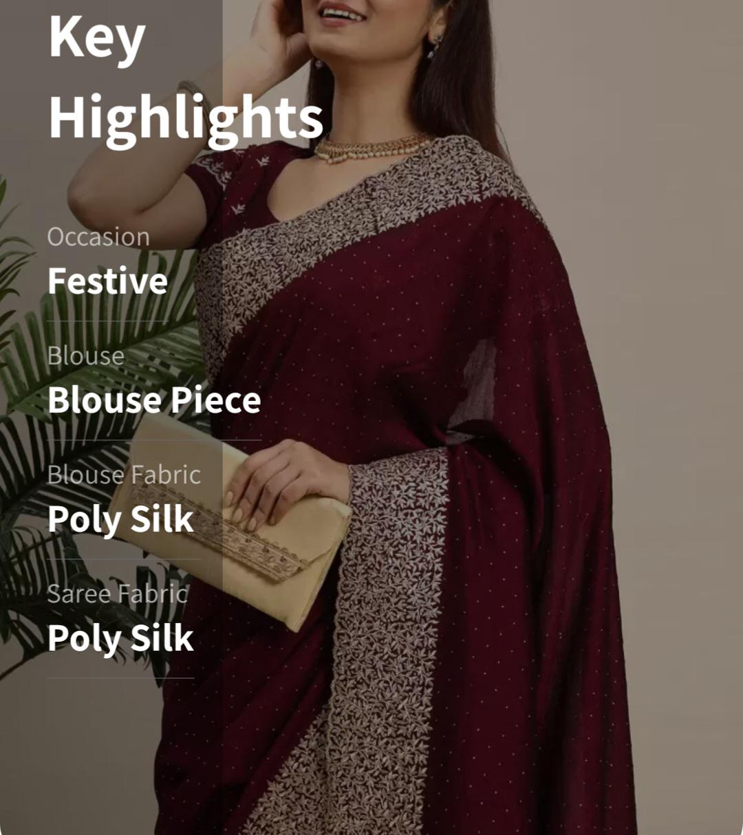 Poly Silk Magenta Maroon Silver Toned Embellished Embroidered Saree with Woven Design Border Perfect for Weddings Parties Festive Occasions