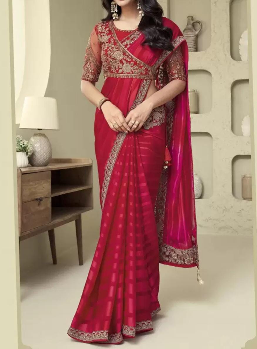 Pink Gold Toned Pure Georgette Saree with Embellished Border & Jacket Elegant Designer Saree with FREE Petticoat for Party Wedding Wear