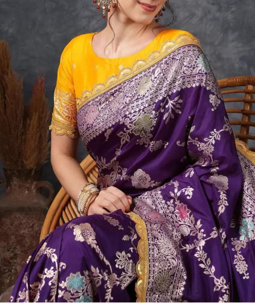 Purple Yellow Banarasi Saree with Ethnic Motifs Zari Woven Design Stunning Silk Saree with FREE Matching Petticoat for Bridal Festive Wear