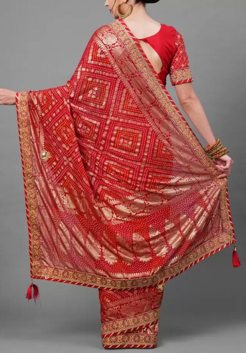Exquisite Red Gold Toned Poly Georgette Bandhani Saree with Woven Design Embroidered Border Ideal for Weddings Pooja Celebrations