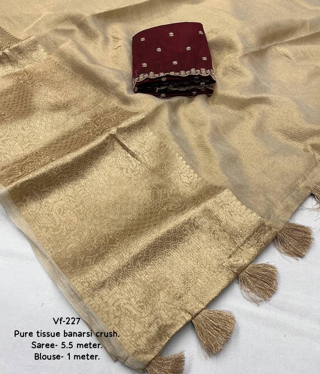 Golden & Maroon Pure Tissue Banarasi Crush Saree | Elegant Wedding Wear Saree | Traditional Indian Saree for Festive and Special Occasions