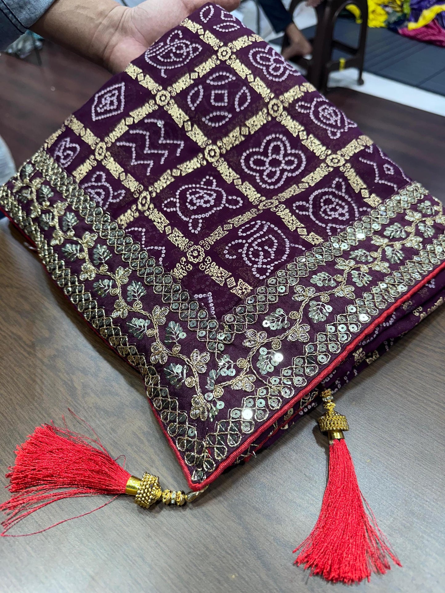 Georgette Bandhani Saree with Beautiful Print & SEQUIN Lace Border | Traditional Indian Saree with FREE Petticoat Festive Party Wear Saree