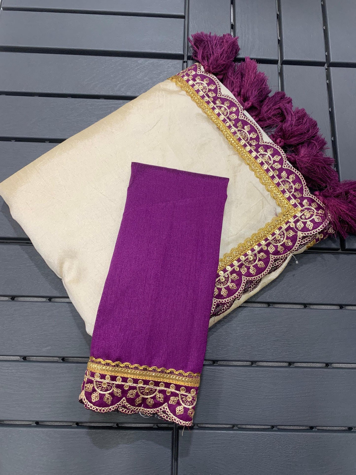 Soft Tussar Silk Purple & Off-White Saree with EMBROIDERY, Lace Border and Cutwork | TASSELS on Pallu FREE Matching Elegant Party Wear Sari