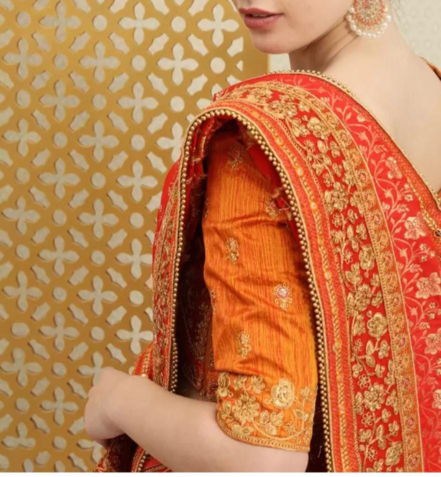 Luxury Red Gold-Toned Floral Sequinned Silk Blend Banarasi Saree with Traditional Zari Woven Design Perfect for Weddings Festive Occasions