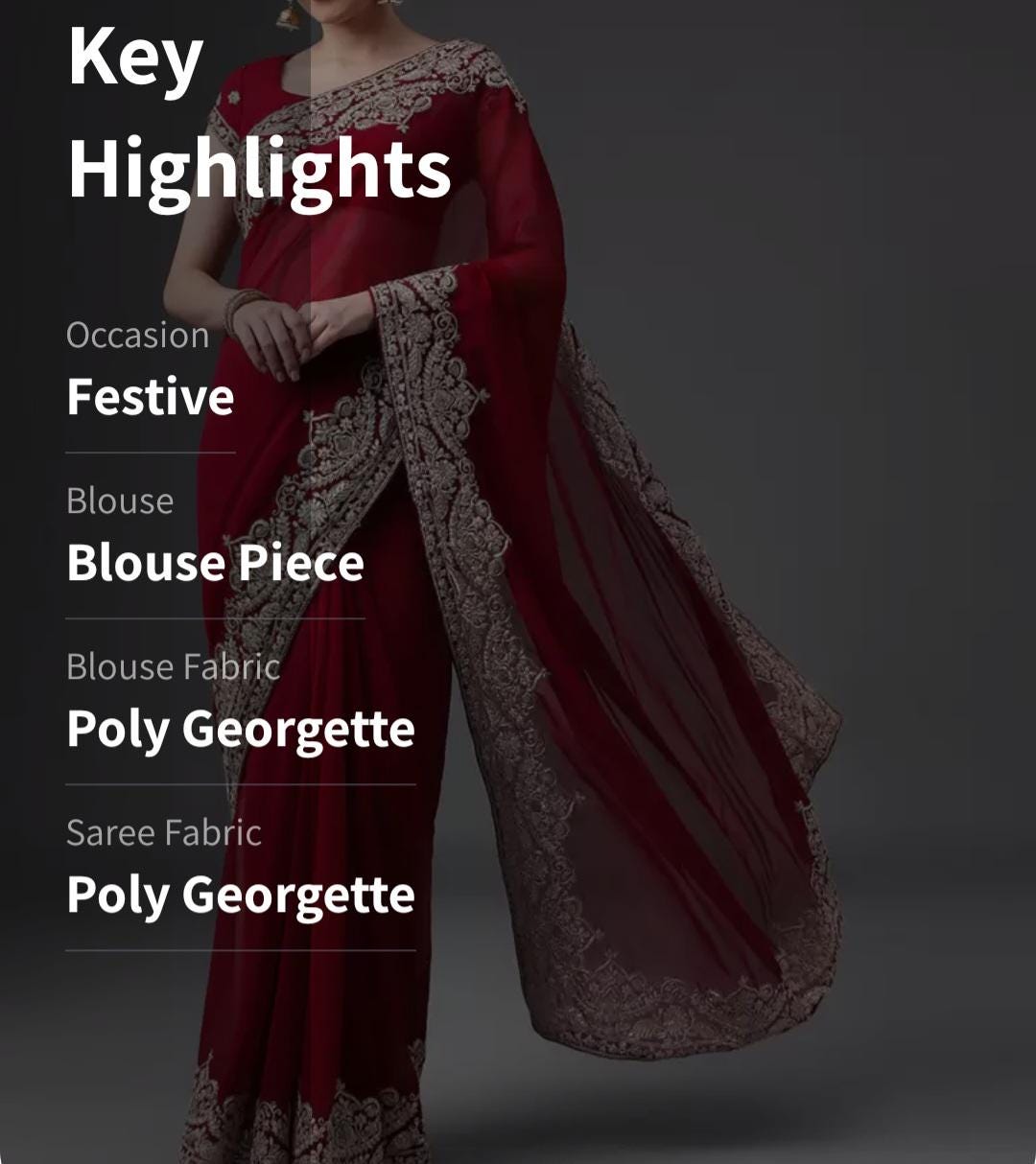 Elegant Maroon Silver Toned Embroidered Poly Georgette Saree Solid Design Embroidered Border for Party Wear Wedding Guests Festive Occasions