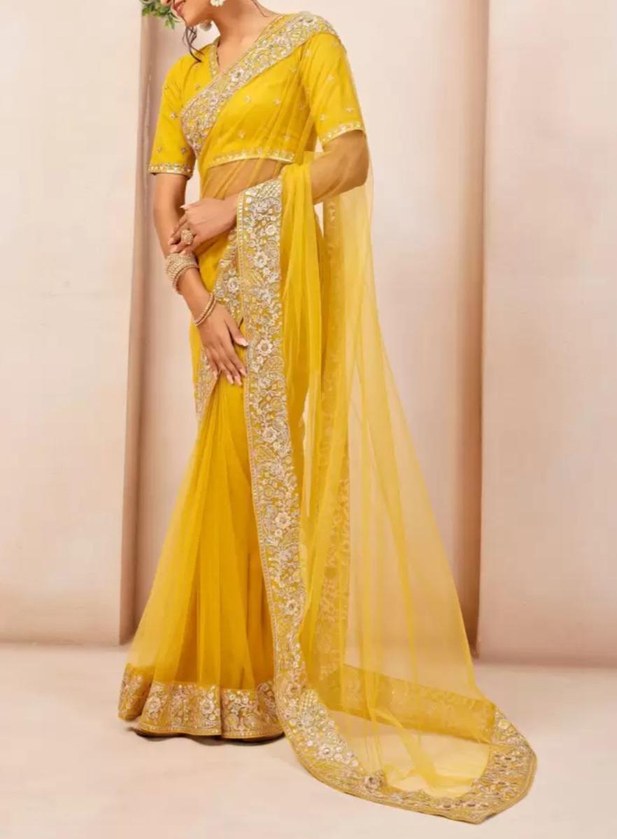 Mustard Embroidered Net Saree with Sequinned Border Detailing Bollywood Style Bridal Saree Includes Free Petticoat Ideal Weddings Party Wear