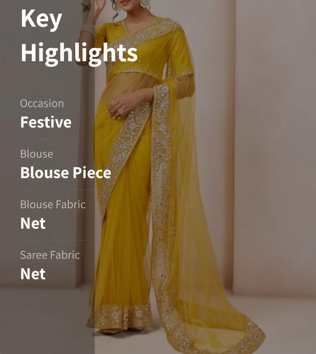 Mustard Embroidered Net Saree with Sequinned Border Detailing Bollywood Style Bridal Saree Includes Free Petticoat Ideal Weddings Party Wear