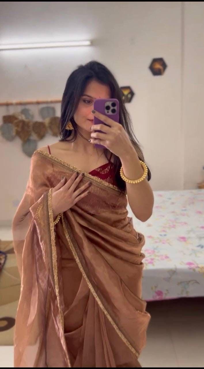 Designer Golden Saree in Heavy Tissue Silk with Fancy Velvet Maroon Blouse and Lace Details | Elegant Partywear Saree for Special Occasions