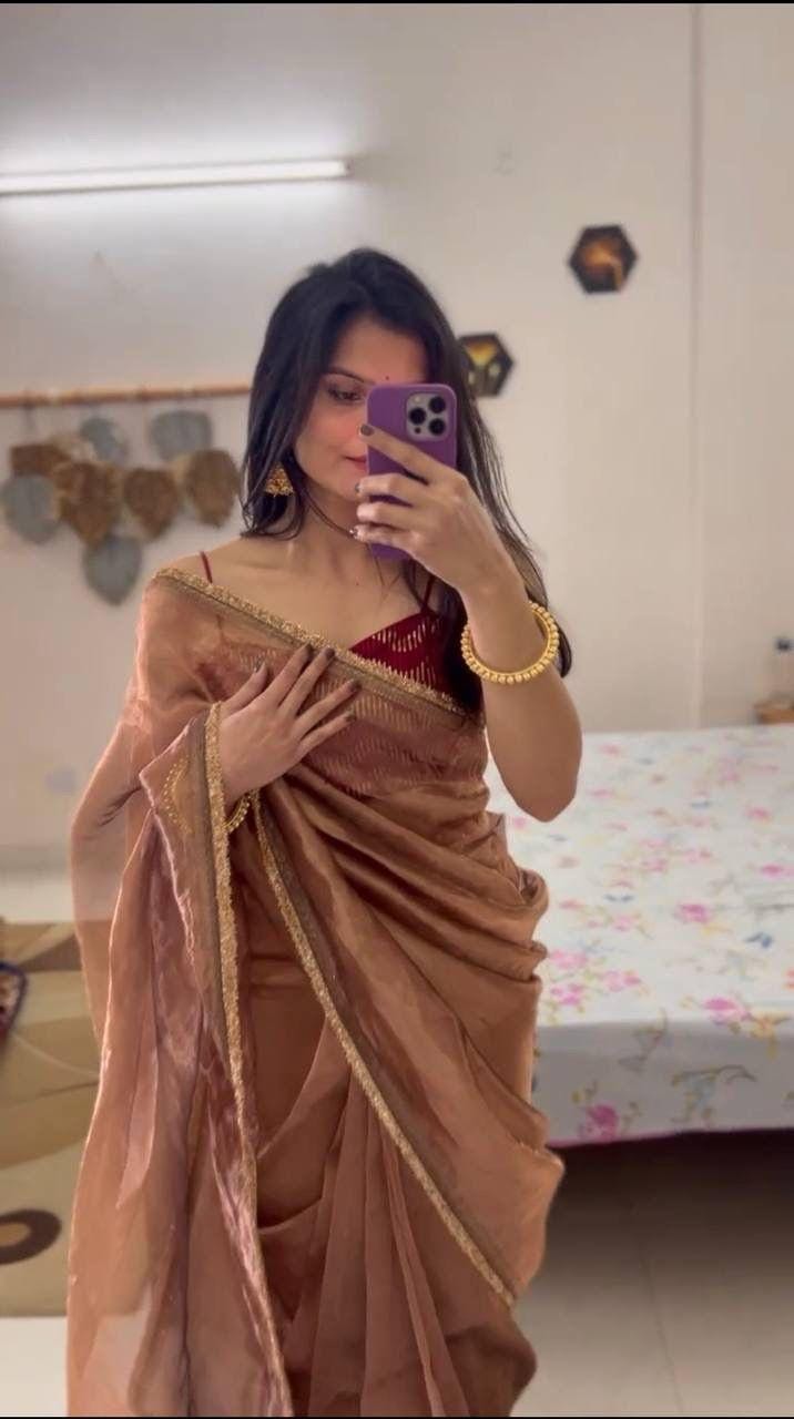 Designer Golden Saree in Heavy Tissue Silk with Fancy Velvet Maroon Blouse and Lace Details | Elegant Partywear Saree for Special Occasions