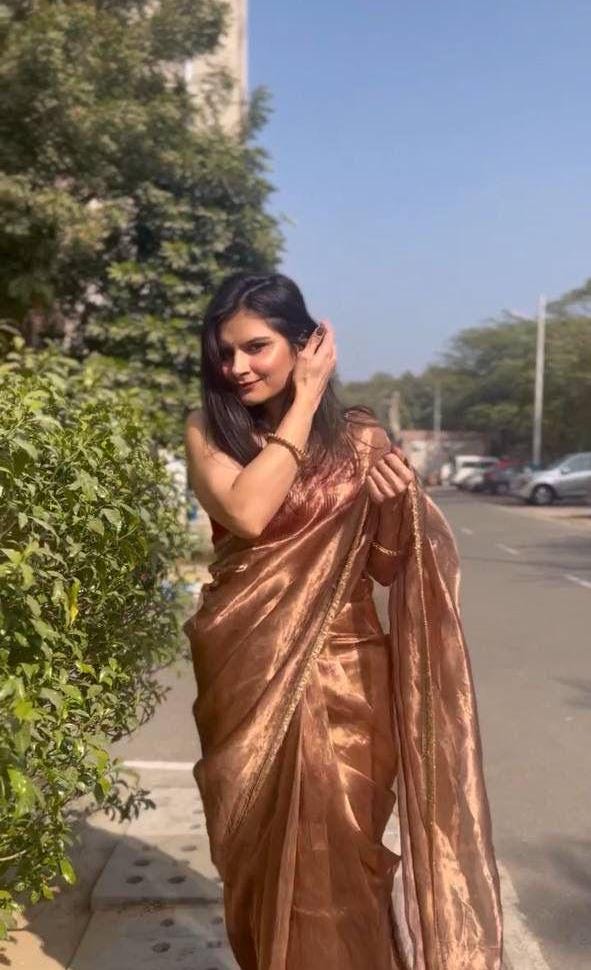 Designer Golden Saree in Heavy Tissue Silk with Fancy Velvet Maroon Blouse and Lace Details | Elegant Partywear Saree for Special Occasions
