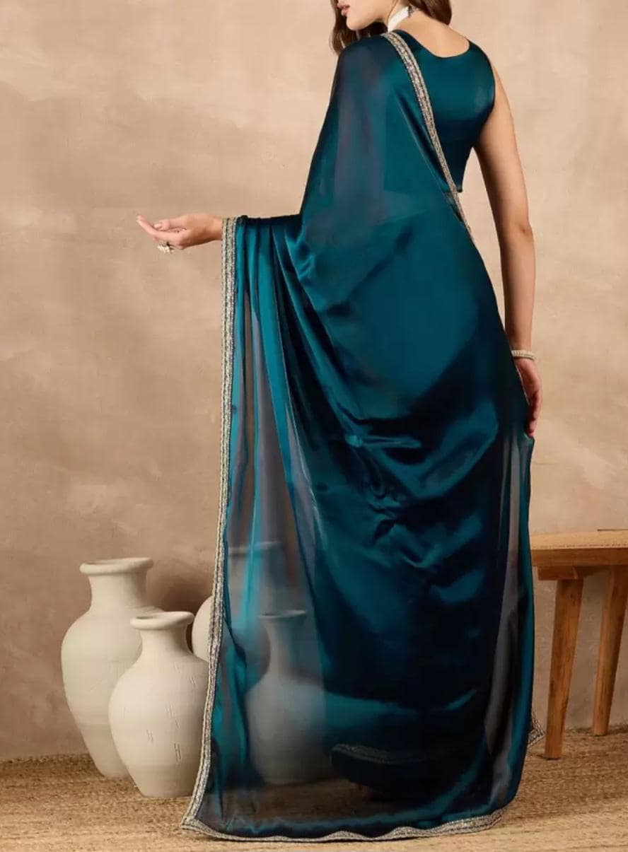 Blue Gold Satin Saree with Embroidered Border Luxurious Drape for Weddings Special Occasions Includes Free Petticoat – Ideal Gift for Her