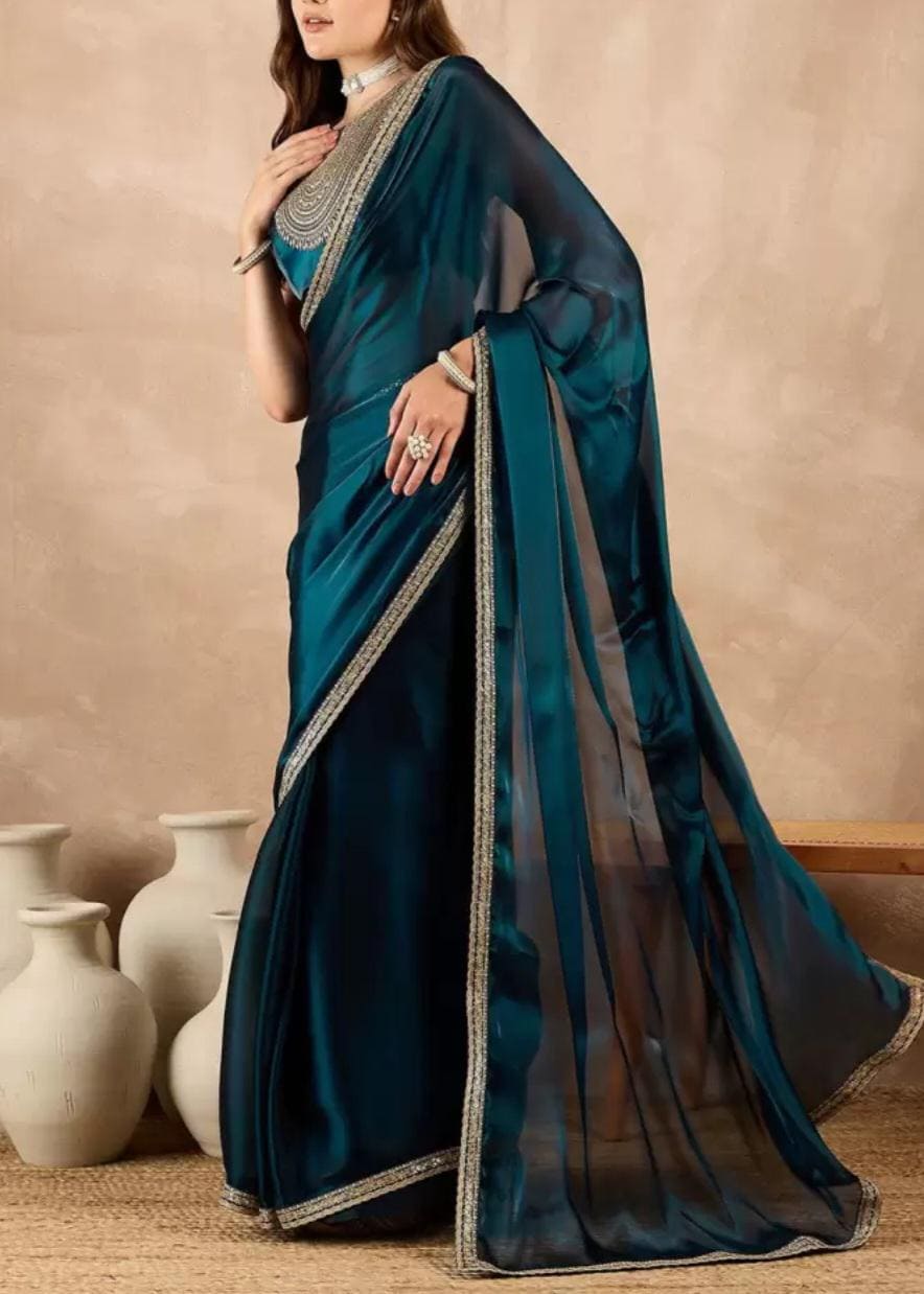 Blue Gold Satin Saree with Embroidered Border Luxurious Drape for Weddings Special Occasions Includes Free Petticoat – Ideal Gift for Her
