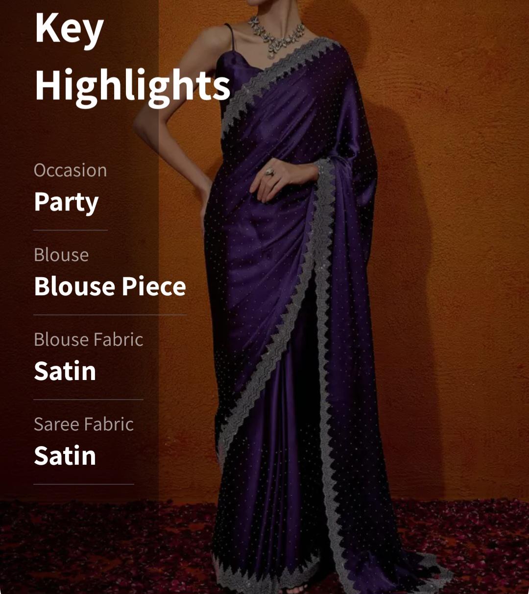 Purple & Silver Satin Saree with Beads Stones Embellishments Luxurious Drape for Weddings Special Occasions Ideal Gift for Mom Wife Sister