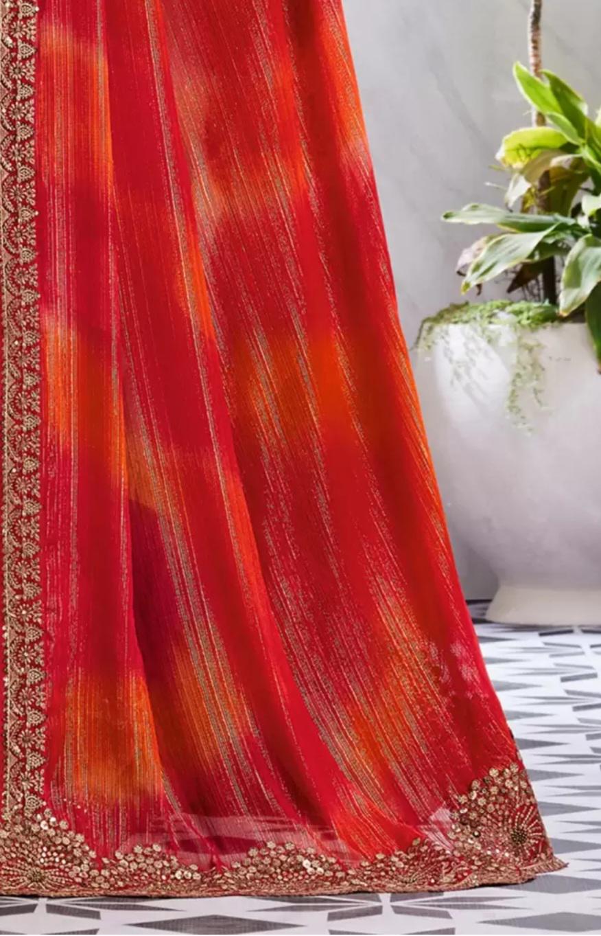 Red Poly Chiffon Saree with Sequinned Floral Zari Embellished Border Elegant Partywear Bridal Saree for Weddings Pooja Festive Occasions