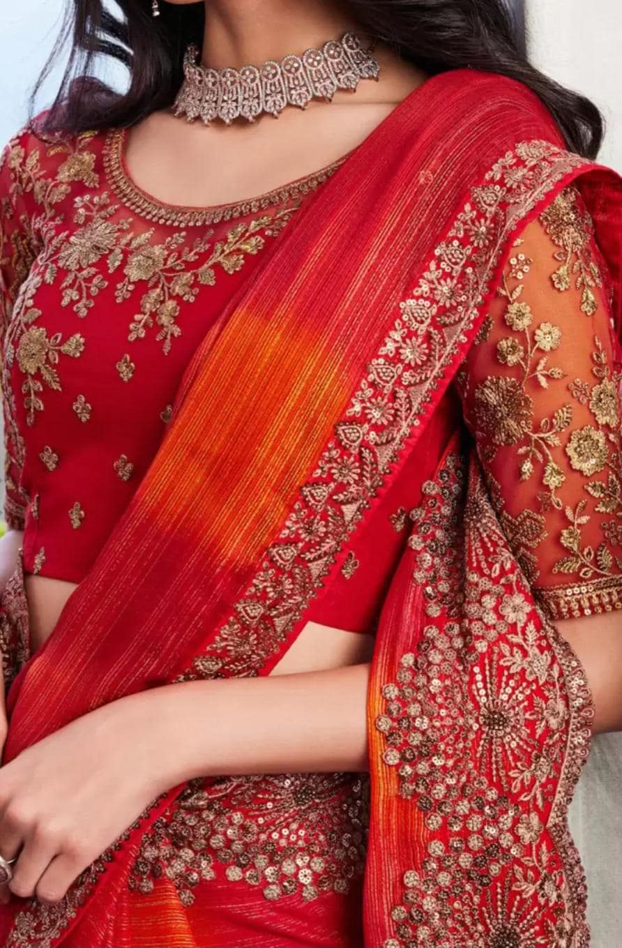 Red Poly Chiffon Saree with Sequinned Floral Zari Embellished Border Elegant Partywear Bridal Saree for Weddings Pooja Festive Occasions