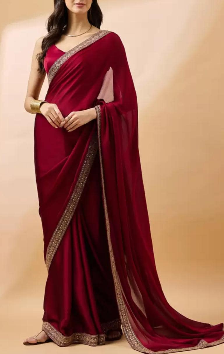 Maroon & Gold-Toned Embroidered Satin Saree with Beads and Stones Lightweight Indian Wedding Bridal Saree Ideal for Festive Party Wear