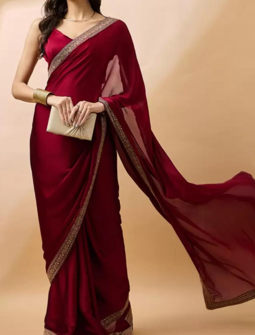 Maroon & Gold-Toned Embroidered Satin Saree with Beads and Stones Lightweight Indian Wedding Bridal Saree Ideal for Festive Party Wear