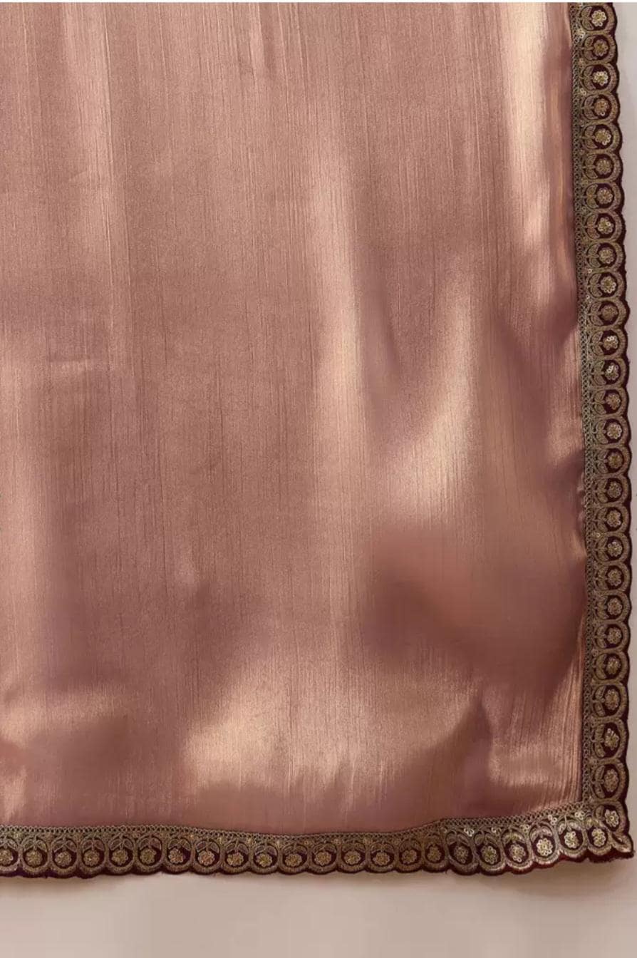 Pure Chiffon Copper-Toned Saree Embroidered Border Party & Festive Wear Saree Lightweight Saree for Women with FREE Petticoat