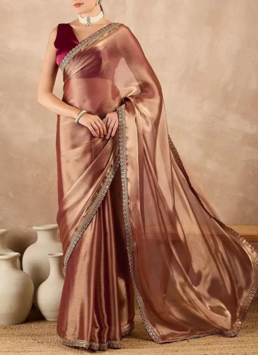 Pure Chiffon Copper-Toned Saree Embroidered Border Party & Festive Wear Saree Lightweight Saree for Women with FREE Petticoat
