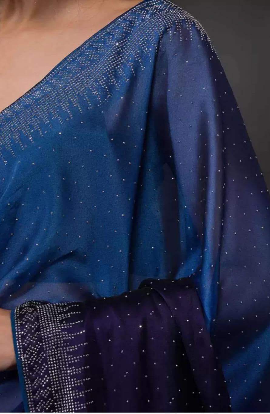 Navy Blue & Silver Embroidered Saree Party Wedding Guest Wear FREE Matching Petticoat Elegant Lightweight Design