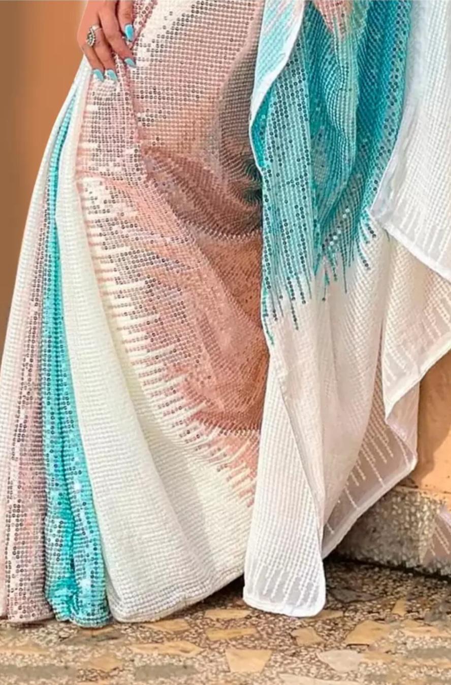 White & Rose Gold Sequinned Georgette Saree Embellished Border Wedding Bridal Saree with FREE Petticoat Perfect for Pooja Special Occasions