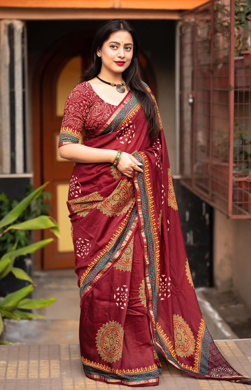 Maroon Pure Chanderi Cotton Saree with Zari Woven Pattu Border – Includes FREE Petticoat, Elegant & Traditional Wear