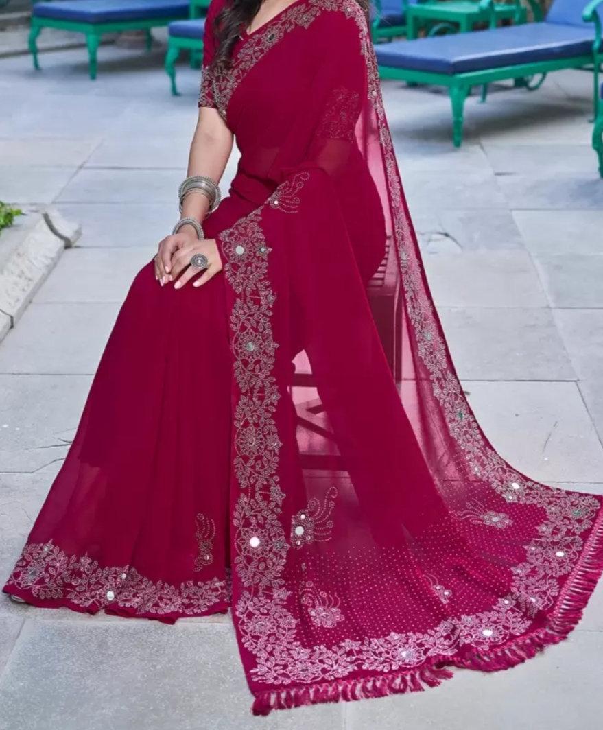 Mirror Work Pure Georgette Saree in Pink Magenta with Embroidered Border Includes Free Petticoat Ideal for Weddings Pooja Ethnic Wear