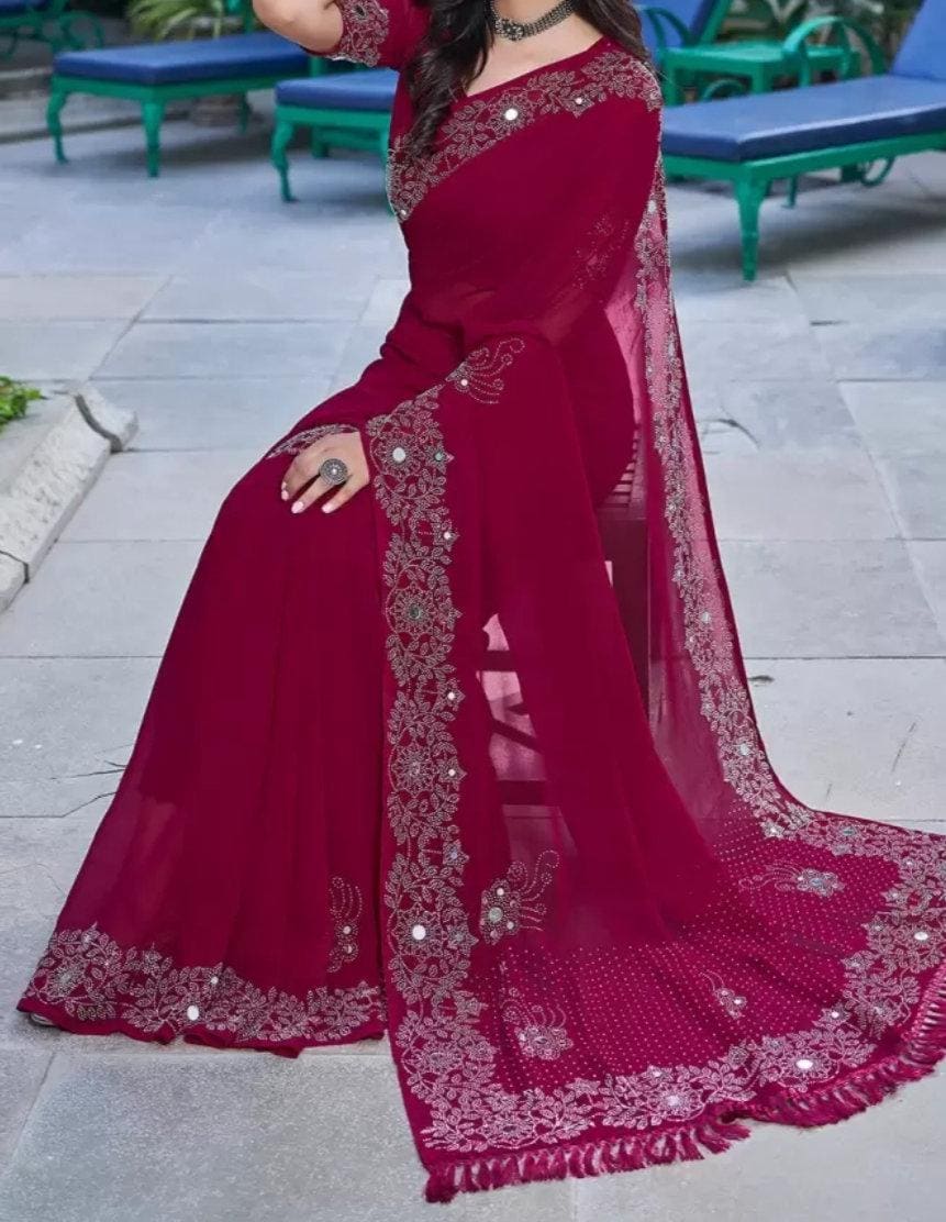 Mirror Work Pure Georgette Saree in Pink Magenta with Embroidered Border Includes Free Petticoat Ideal for Weddings Pooja Ethnic Wear