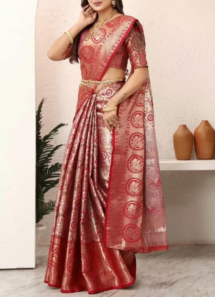 Pink & Silver-Toned Kanjeevaram Saree Floral Zari Tissue Woven Design Border FREE Matching Petticoat Traditional Indian Wedding Bridal Wear