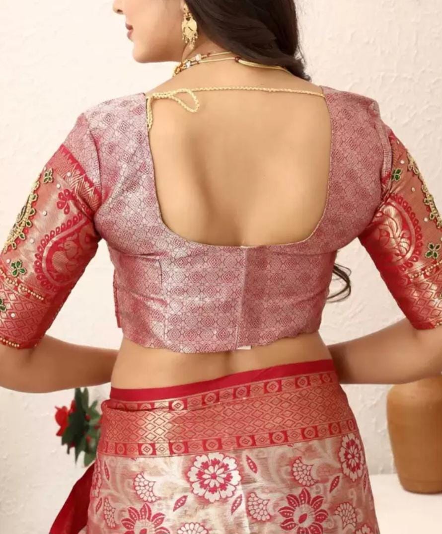 Pink & Silver-Toned Kanjeevaram Saree Floral Zari Tissue Woven Design Border FREE Matching Petticoat Traditional Indian Wedding Bridal Wear