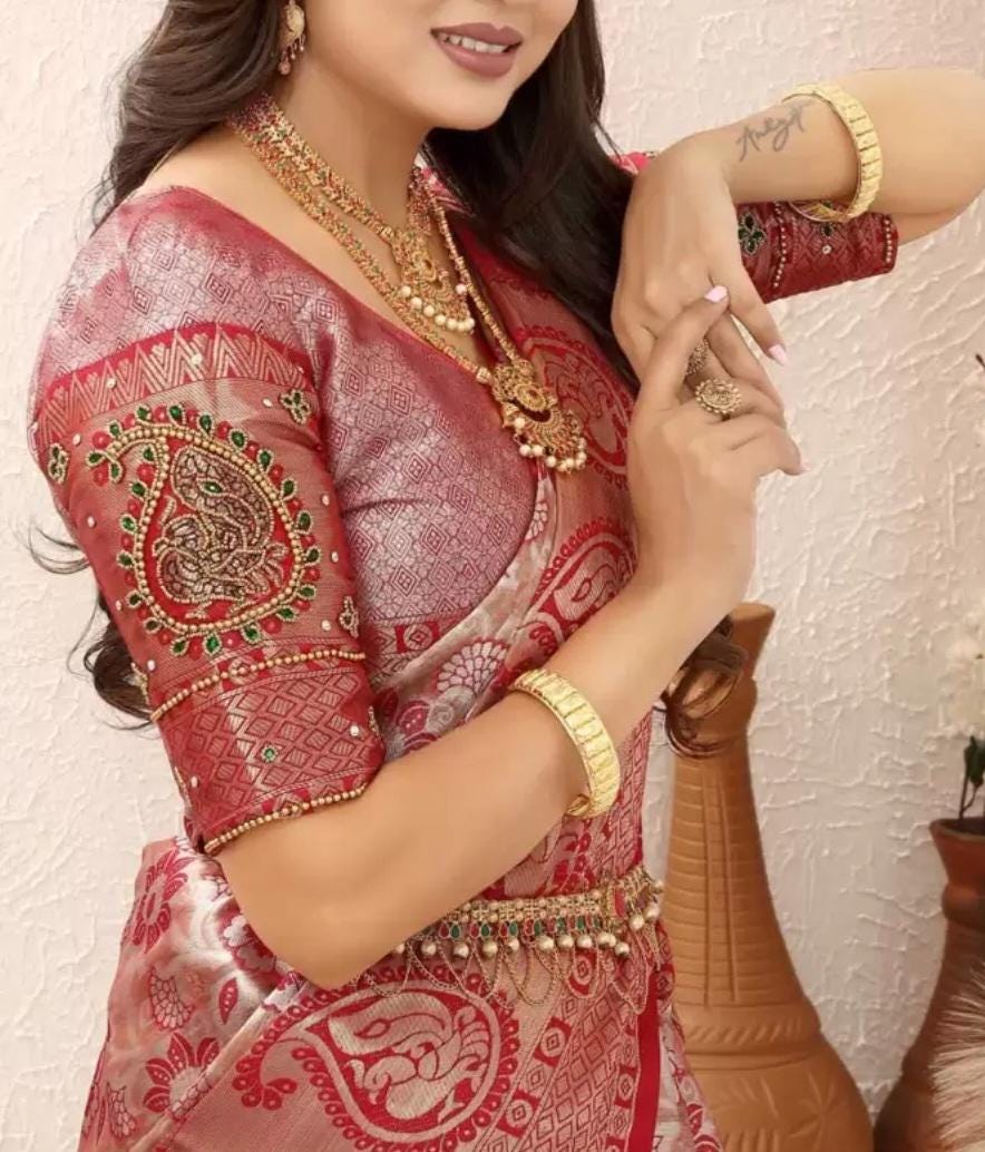 Pink & Silver-Toned Kanjeevaram Saree Floral Zari Tissue Woven Design Border FREE Matching Petticoat Traditional Indian Wedding Bridal Wear