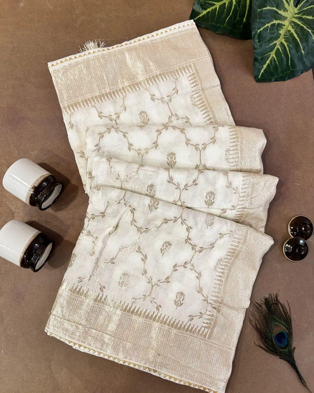 WHITE Pure Soft Russian Silk Saree with Finest ZARI Weaving Pallu, JACQUARD Woven Border, and Vijaya Piping Border with Butti Weaving Blouse