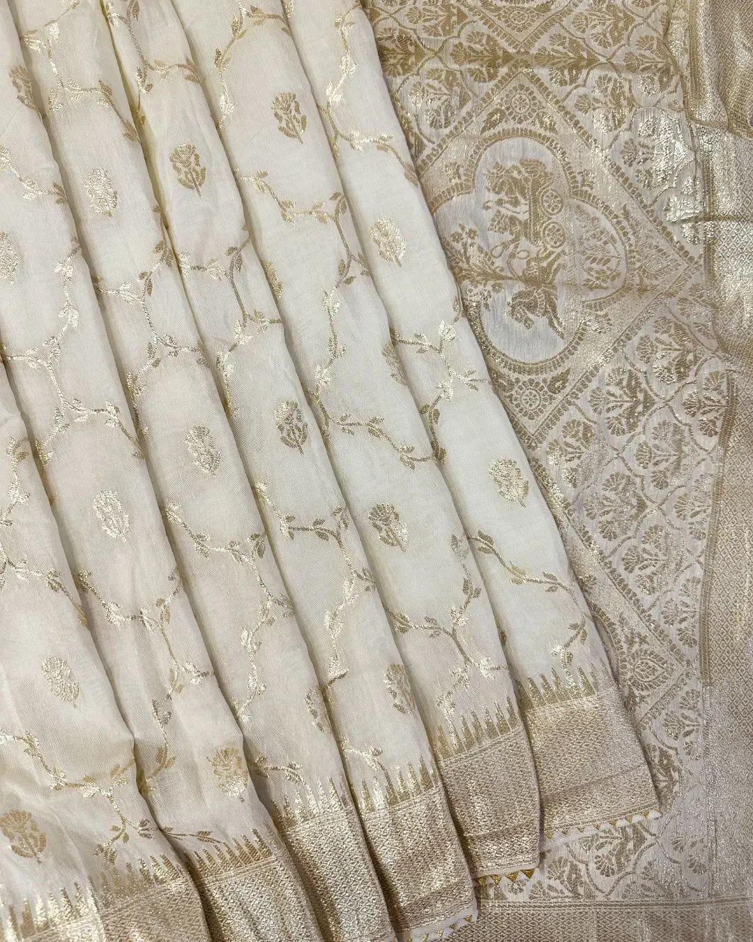 WHITE Pure Soft Russian Silk Saree with Finest ZARI Weaving Pallu, JACQUARD Woven Border, and Vijaya Piping Border with Butti Weaving Blouse