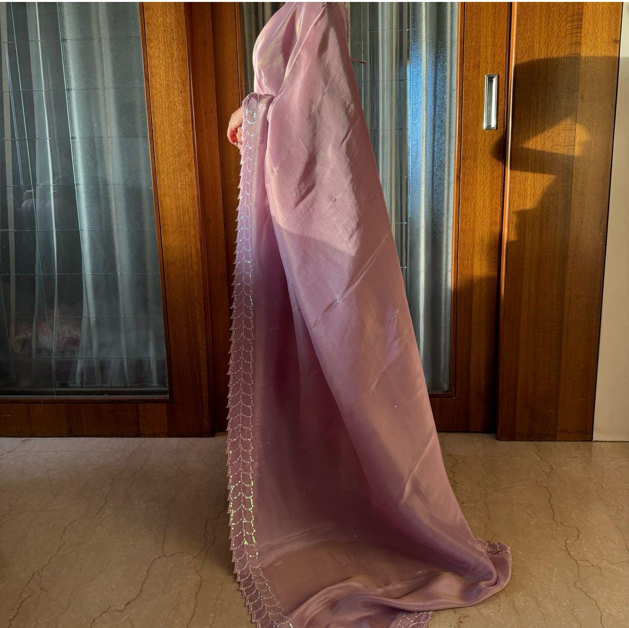 Light Pink Silk Saree with Intricate Rainbow Sequins, Matching Blouse, Perfect for Special Occasions and Celebration