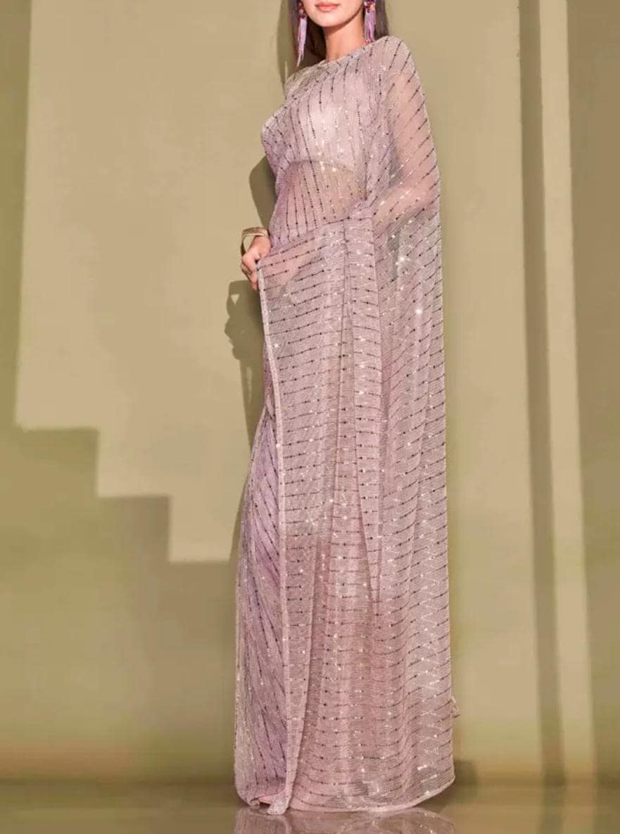 Pink Lycra Embellished Sequinned Ready-to-Wear Saree Party Wedding Wear Designer Indian Saree for Evening Festive Occasions