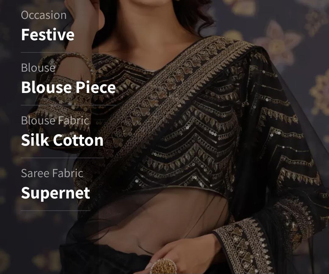 Black & Silver Embellished Supernet Saree Solid Indian Wedding Wear with Embellished Border FREE Petticoat Party Bollywood Saree for Women