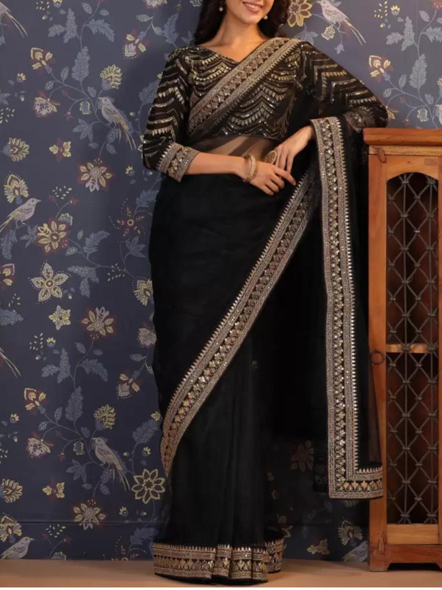 Black & Silver Embellished Supernet Saree Solid Indian Wedding Wear with Embellished Border FREE Petticoat Party Bollywood Saree for Women