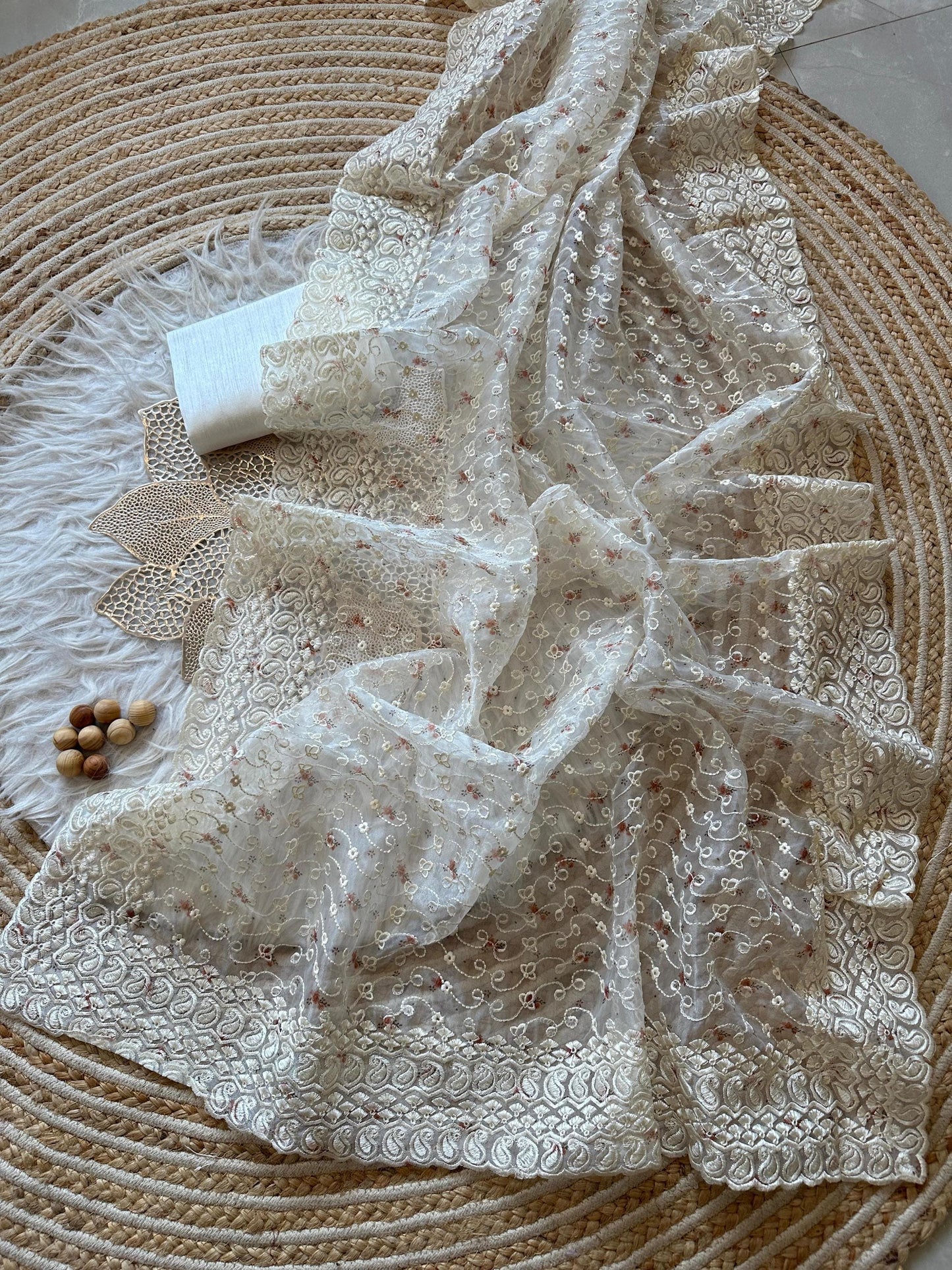 White Festive Pure Organza Silk Saree with Digital Floral Print and Chikankari Work | Raw Silk Blouse for Weddings Parties and Celebration
