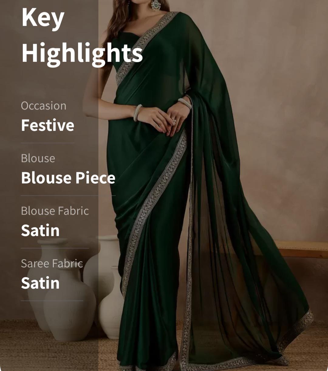 Solid Green Satin Saree with Gold-Toned Zari Border | Free Matching Petticoat | Perfect for Weddings & Festive Occasions