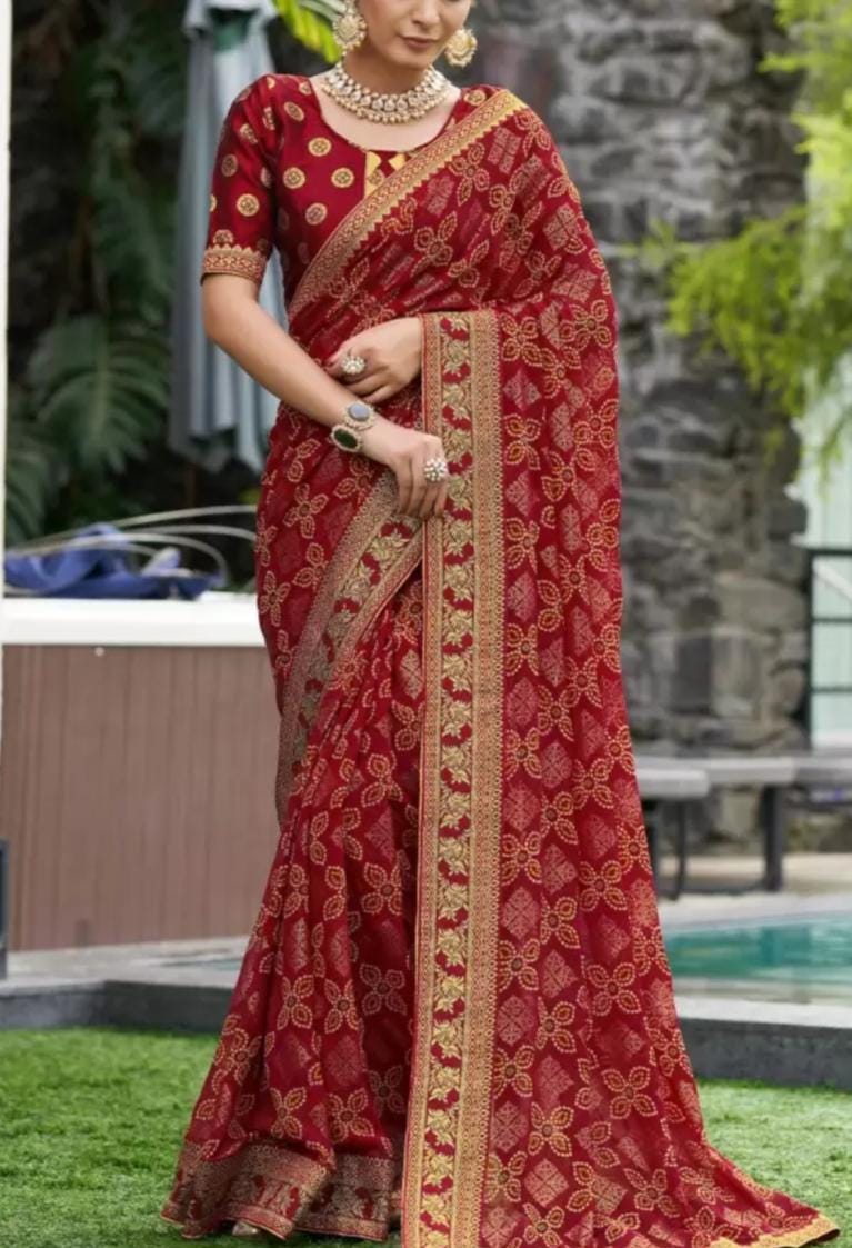 MAROON Bandhani Pure Georgette Saree with Gold Zari Border | FREE Matching Petticoat | Ideal for Festive Occasions & Wedding Party
