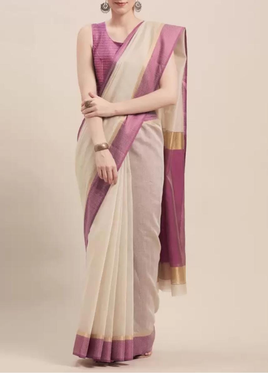 Beige, Gold, Purple Pure Cotton Zari Saree with Woven Design Border Piece FREE Petticoat, Elegant Ethnic Wear for Festive & Wedding Occasion