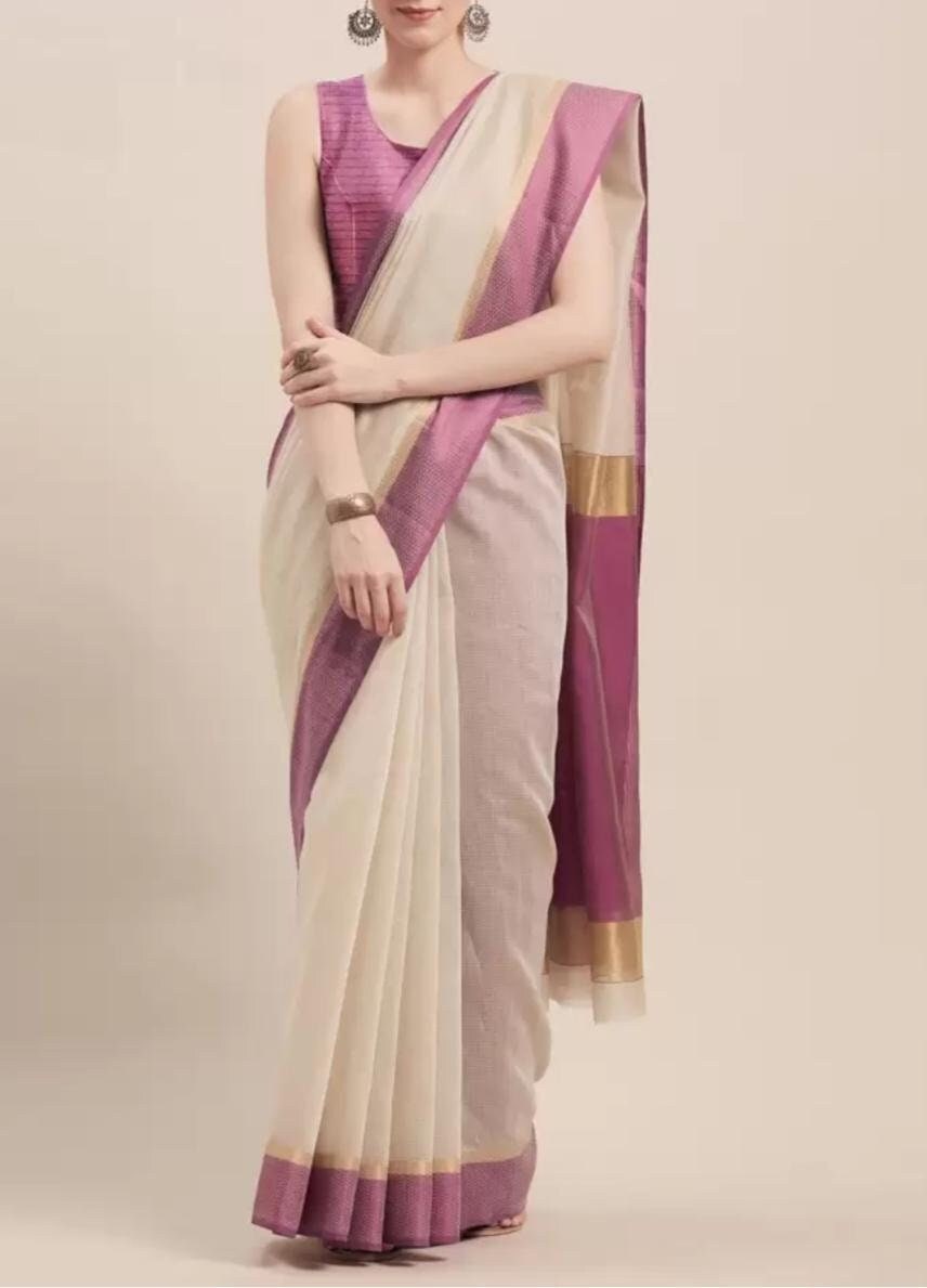 Beige, Gold, Purple Pure Cotton Zari Saree with Woven Design Border Piece FREE Petticoat, Elegant Ethnic Wear for Festive & Wedding Occasion