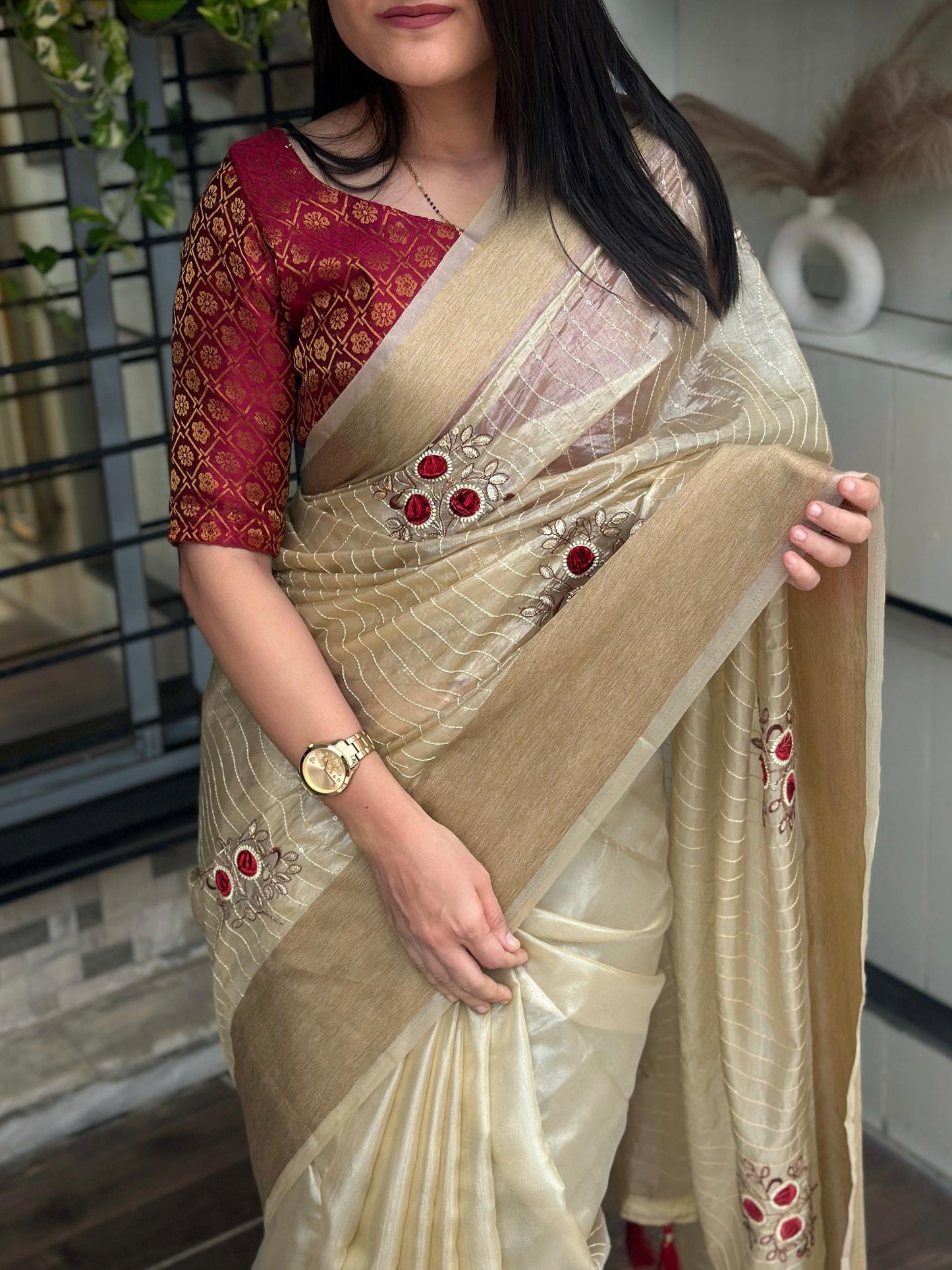 Golden Organza Silk Saree with Sequin Elegant Indian Christmas Gift for Weddings Anniversary Special Occasions Ethnic Festive Designer Saree