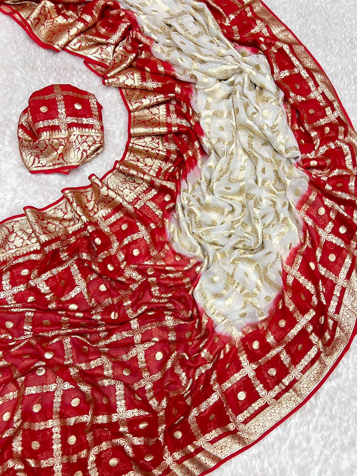 Red White Viscose Georgette Saree with Contrast Blouse and Free Petticoat Christmas Gift Festive Party Outfit Wedding Wear Designer Saree