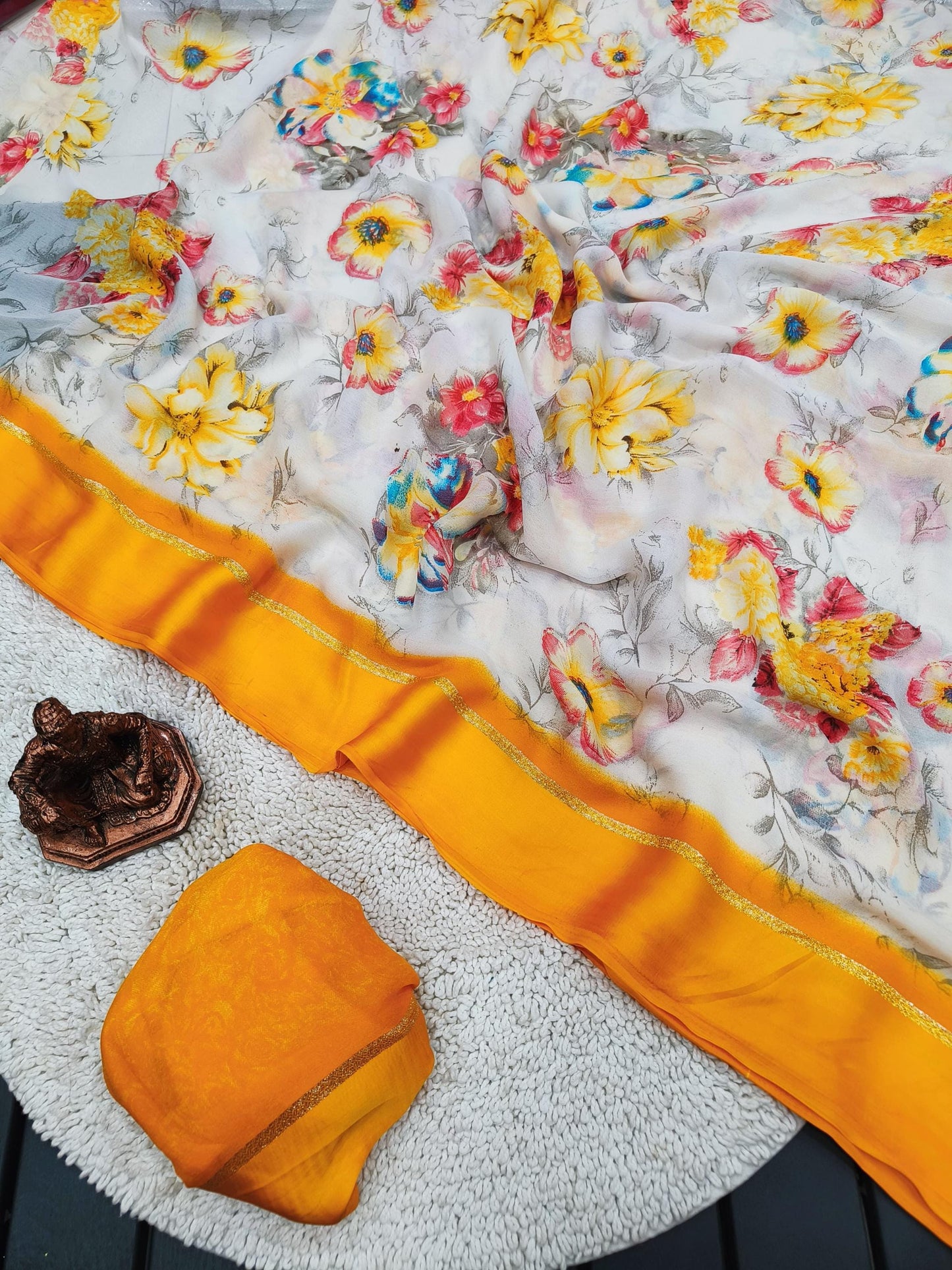 Elegant Moss Chiffon Saree with Floral Digital Print, Satin Border, –Perfect for Christmas Gift & Wedding, Festive Occasions