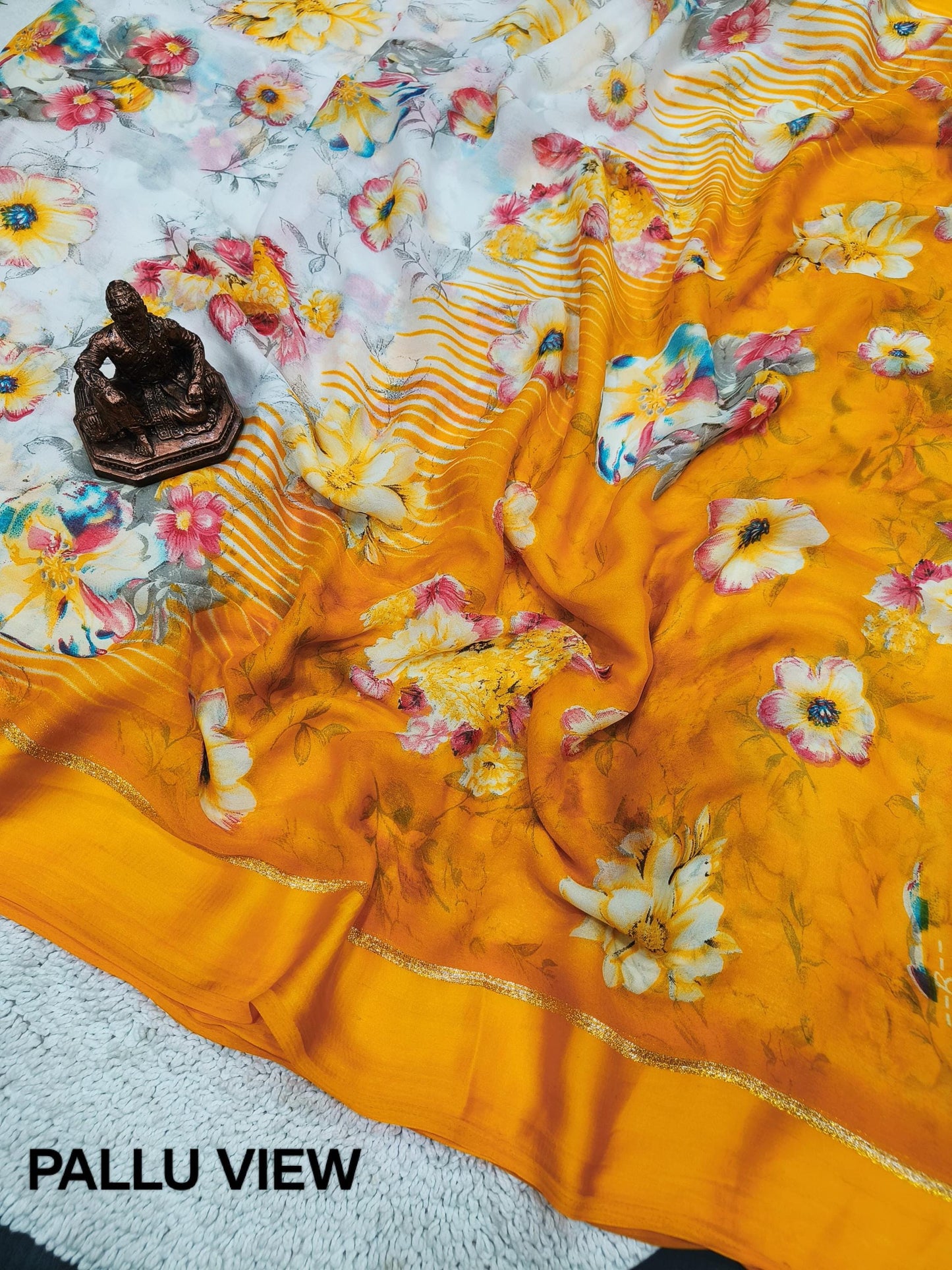 Elegant Moss Chiffon Saree with Floral Digital Print, Satin Border, –Perfect for Christmas Gift & Wedding, Festive Occasions